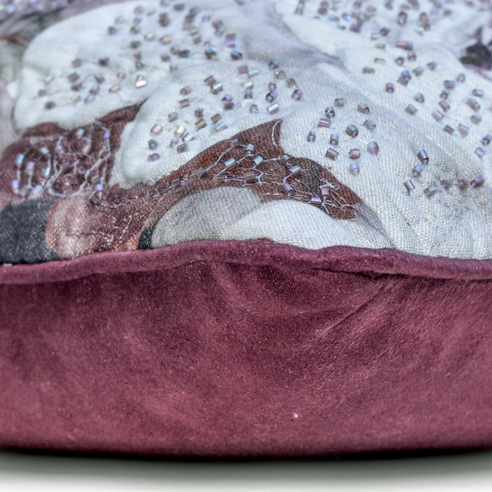 Purple Cotton Sequins Embroidery Rose 14"x14" Pillow Cover - Munstead Wood Rose