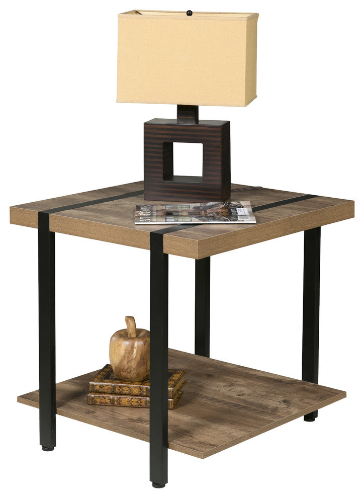 Bourbon Foundry End Table, Wood And Inset Black Steel