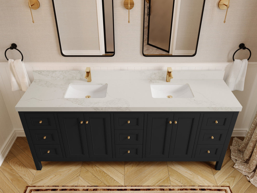 Nashville 84" Double Sink Bath Vanity, Black 2" Calacatta Nuvo