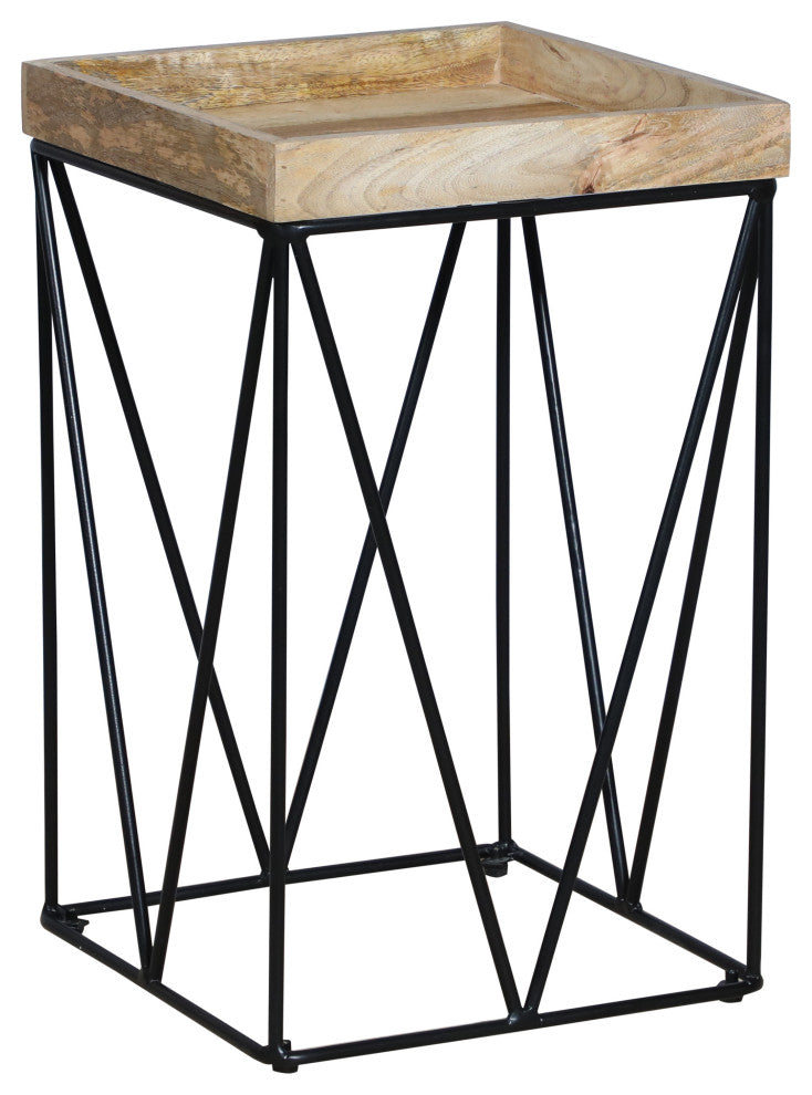 Benzara UPT-262395 Industrial End Side Table, Square Tray Top, Brown, Black