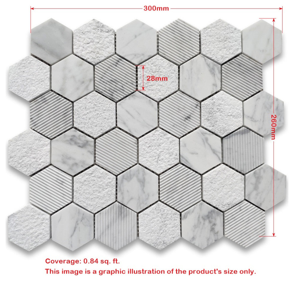 Carrara White Marble 2" Hexagon Mosaic Tile Venato Carrera Honed, 1 sheet
