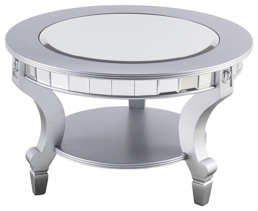 29" Silver Mirrored And Metal Round Mirrored Coffee Table