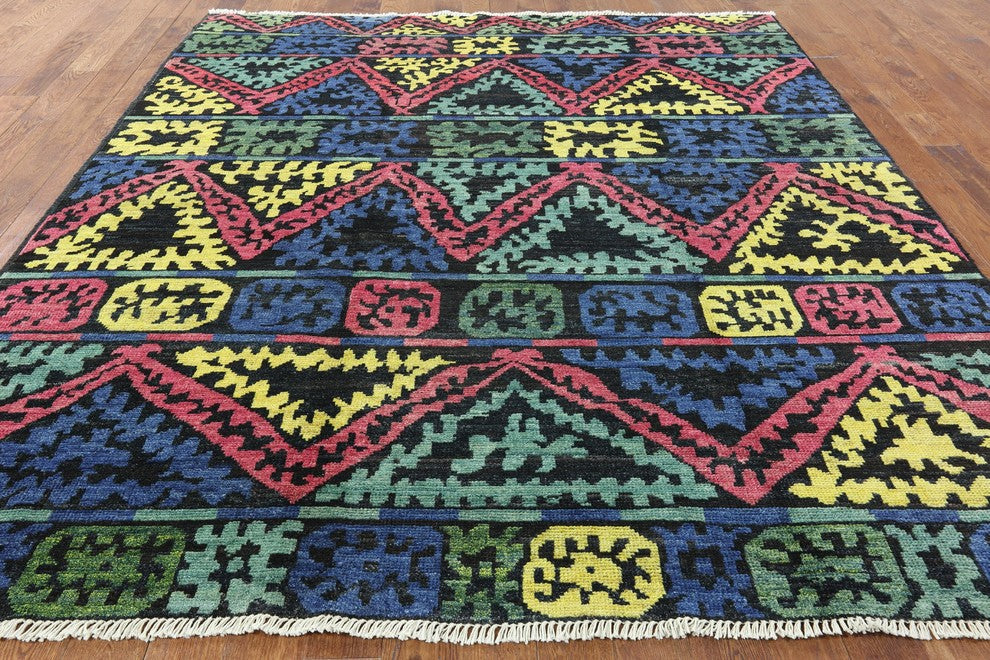 9'x10' South Western Navajo-Design Kaitag Blue Hand Knotted Wool Area Rug