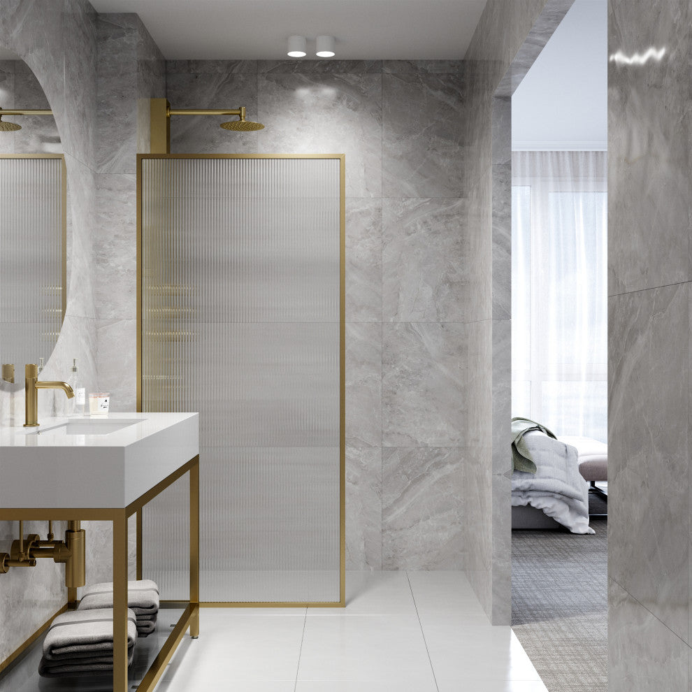 VIGO Meridian Framed Fixed, Matte Brushed Gold, Shower Screen, 34" W X 74" H, Fluted Glass