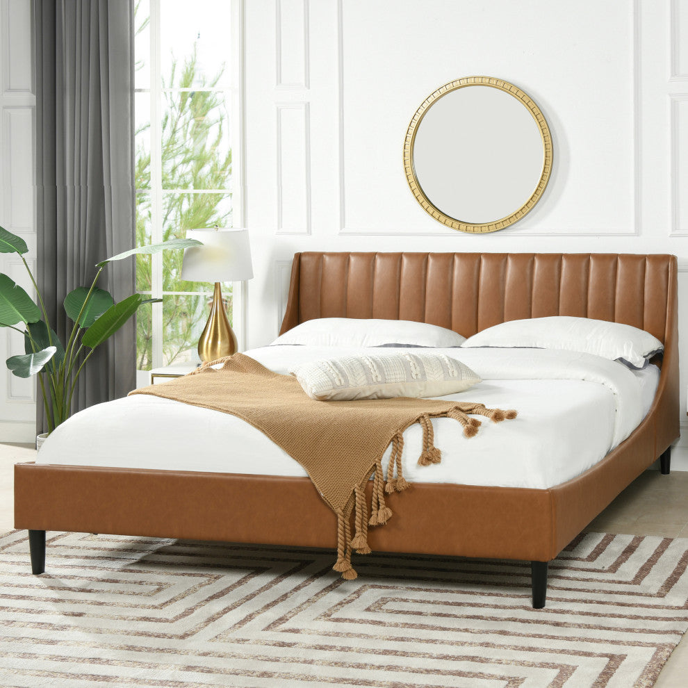 Aspen Modern Vertical Tufted Upholstered Platform Bed, Caramel Tan Brown Faux Leather, King