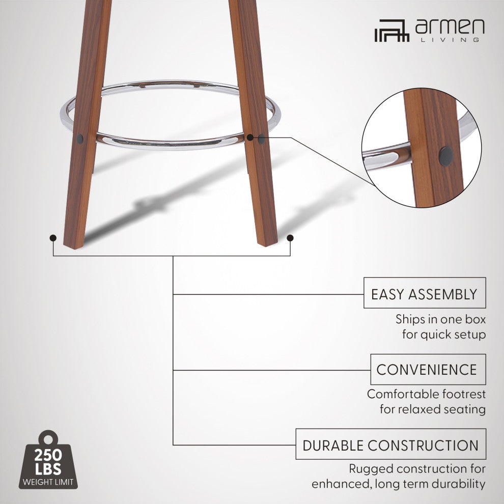 Pico 26" Swivel Walnut Wood Counter Stool, Brown Faux Leather With Chrome, 30