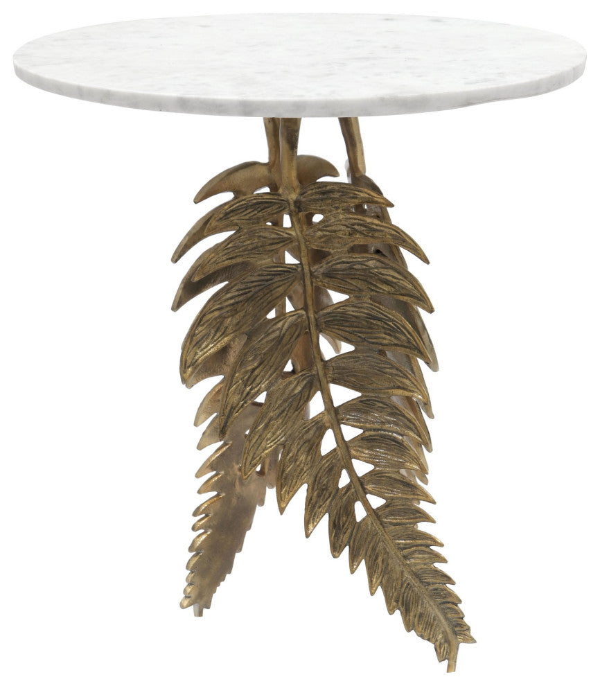 Sofa Side Table, Round, Artificial Marble, Aluminum Metal, White, Gold, Lounge