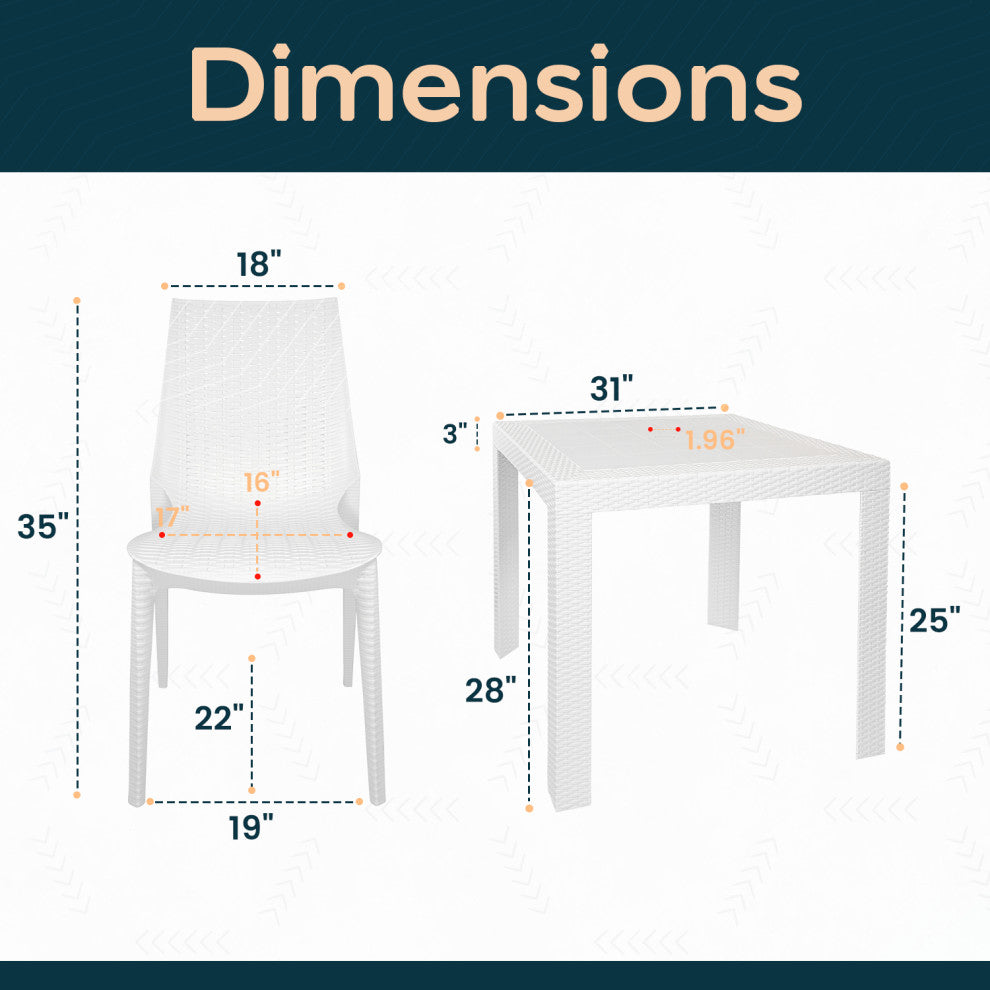 LeisureMod Kent Weave Design 3-Piece Outdoor Patio Dining Set, White