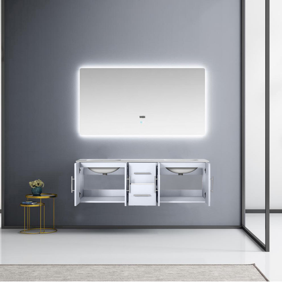 Geneva Transitional Glossy White 60" Double Vanity with 60" Led Mirror