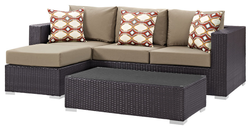 Lounge Sectional Sofa and Table Set, Rattan, Wicker, Dark Brown Brown, Outdoor