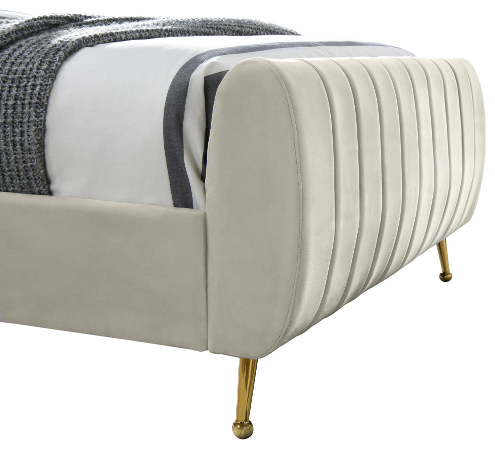 Zara Channel Tufted Velvet Upholstered Bed With Custom Gold Legs, Cream, Full