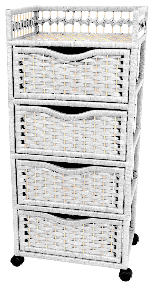 38" Natural Fiber Chest of Drawers on Wheels, White