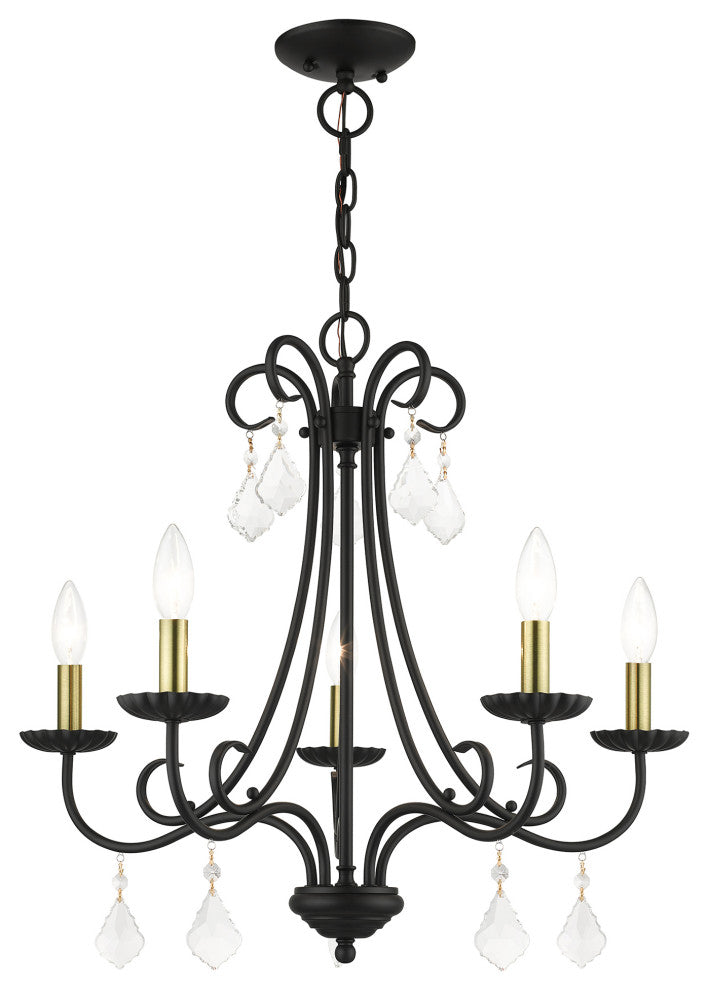Daphne 5-Light Black Chandelier, Antique Brass Accents and Clear Crystals