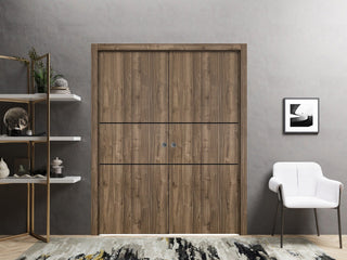 French Double Pocket Doors 60 x 96 | Planum 0014 Walnut with  | Kit Trims Rail