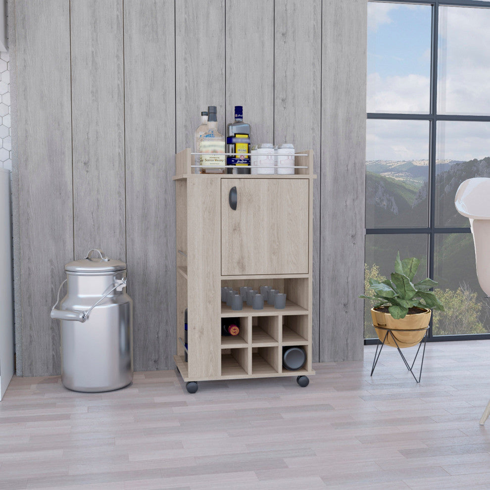 Farson Bar Cart with 6 Built-in Wine Racks, Cabinet, Caster Wheels, Light Gray