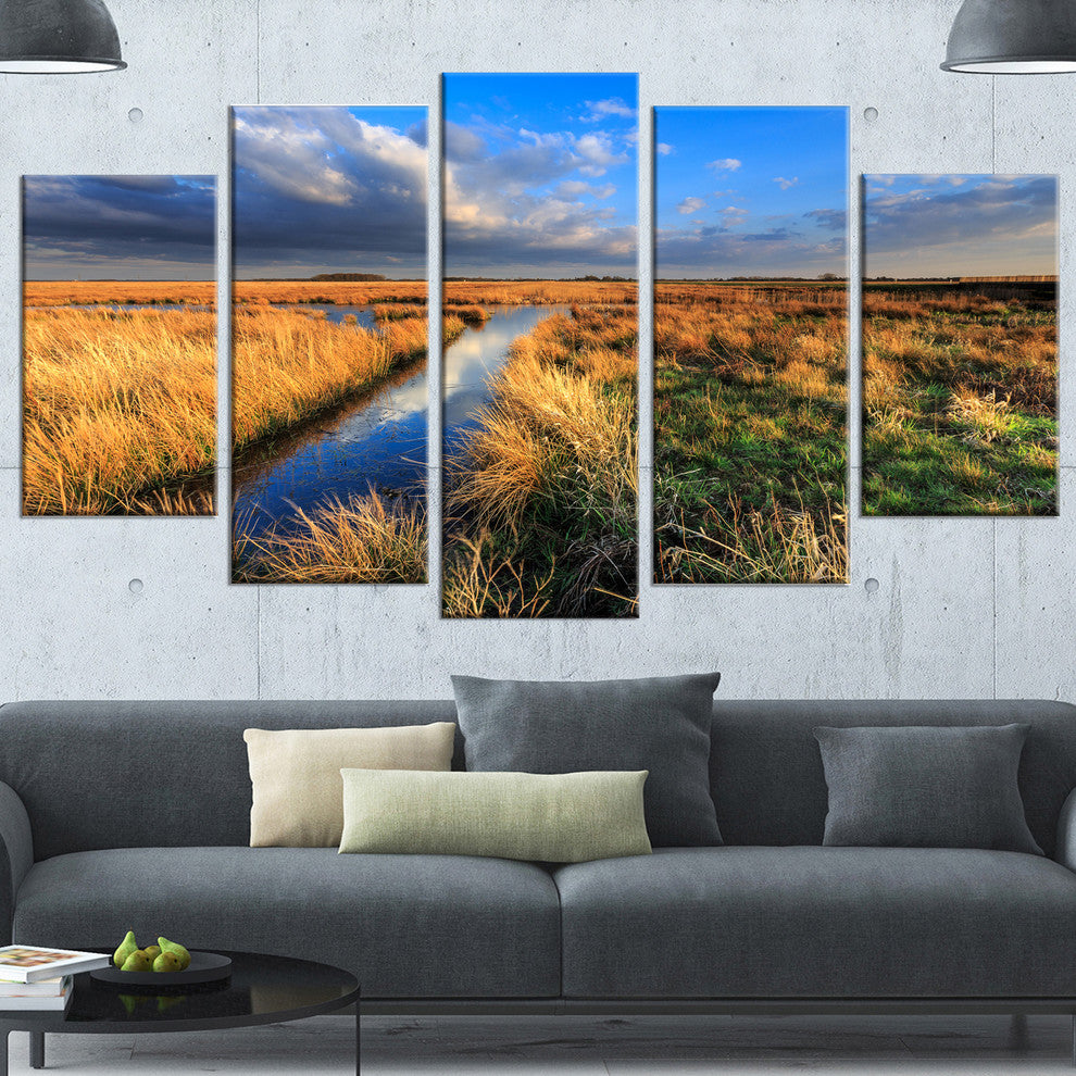 Beautiful Meadow with Blue Sky, Landscape Canvas Art Print, 60"x32", 5 Panels