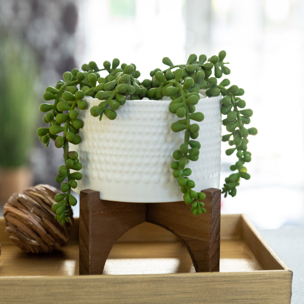 5"  Hobnail Ceramic Planter On Wood Stand, Matte White
