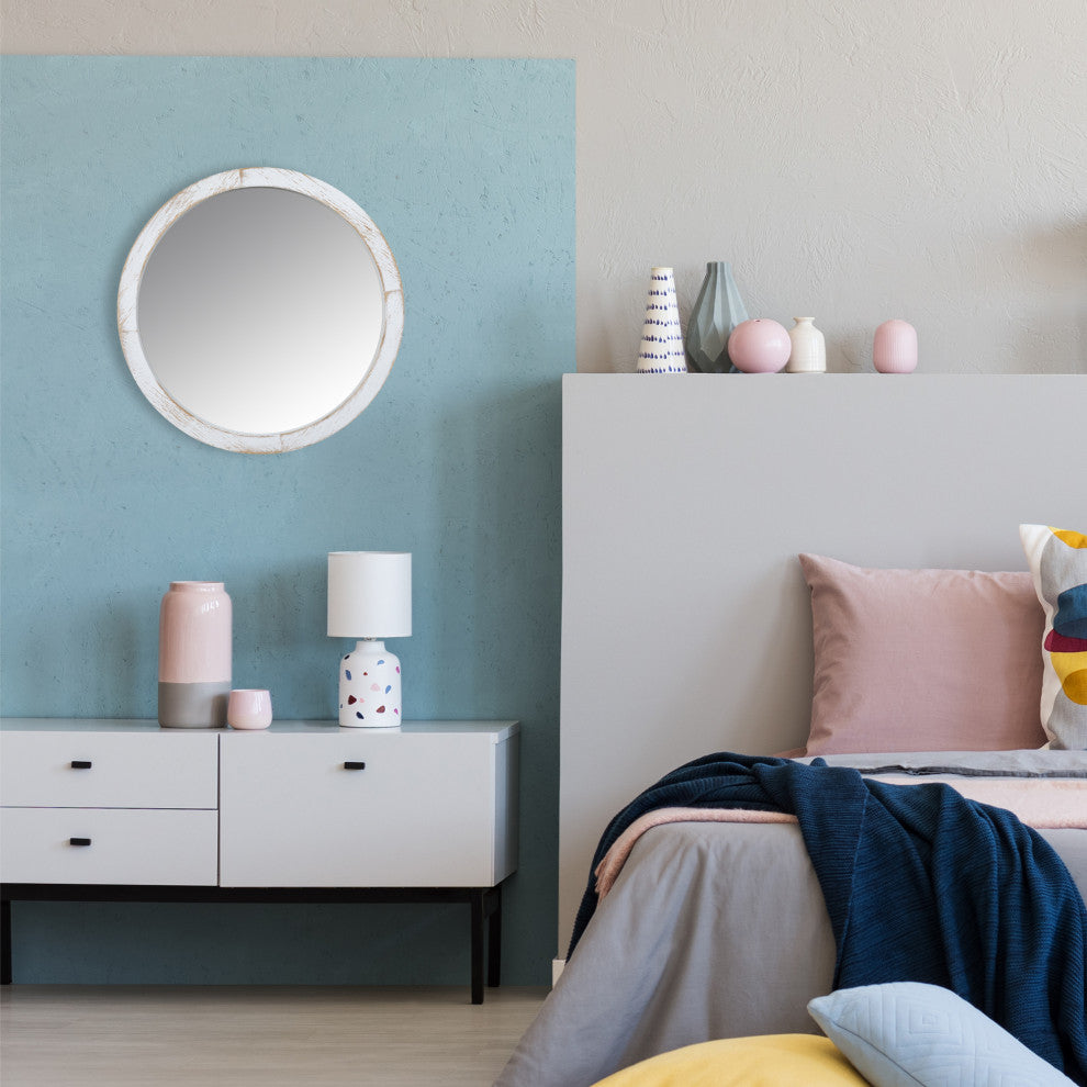 Modern Farmhouse Rustic White Wash Round Wall Mirror