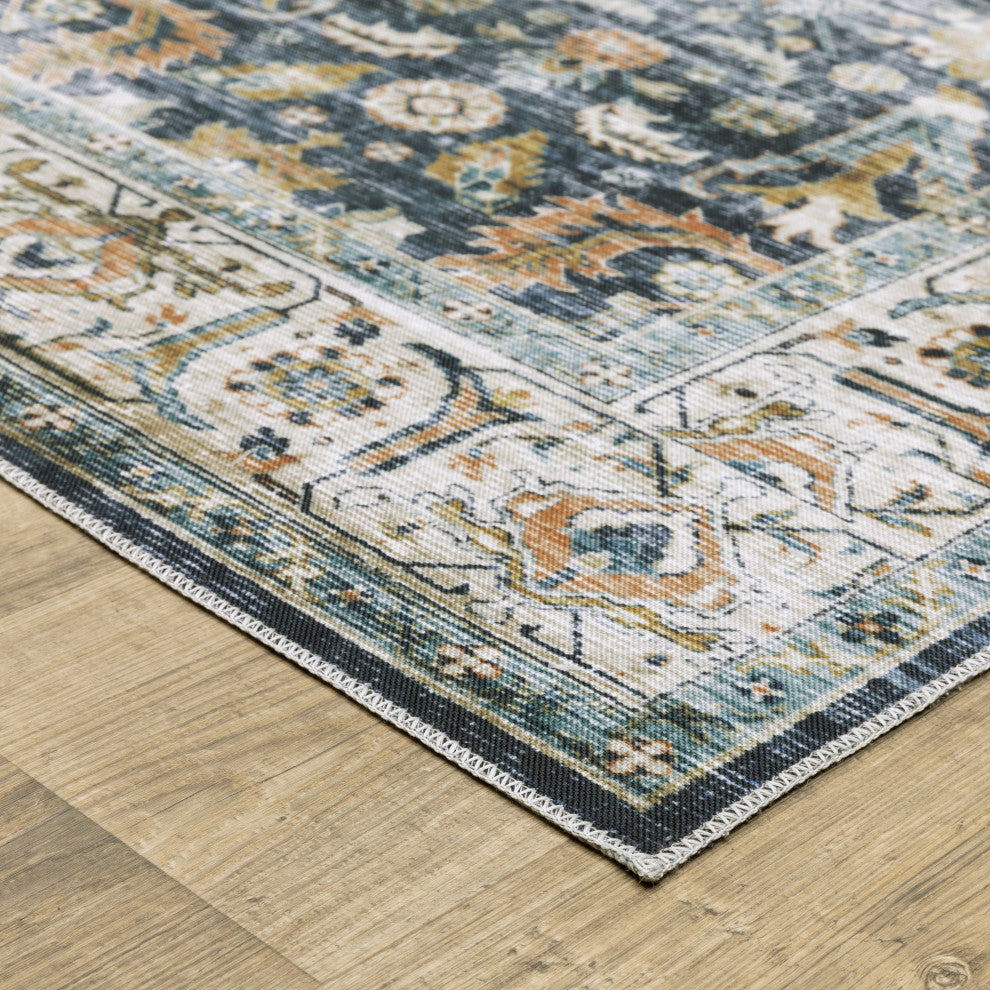 Celestia Machine Washable Vintage Indoor Area Rug, Navy, 2'x3'