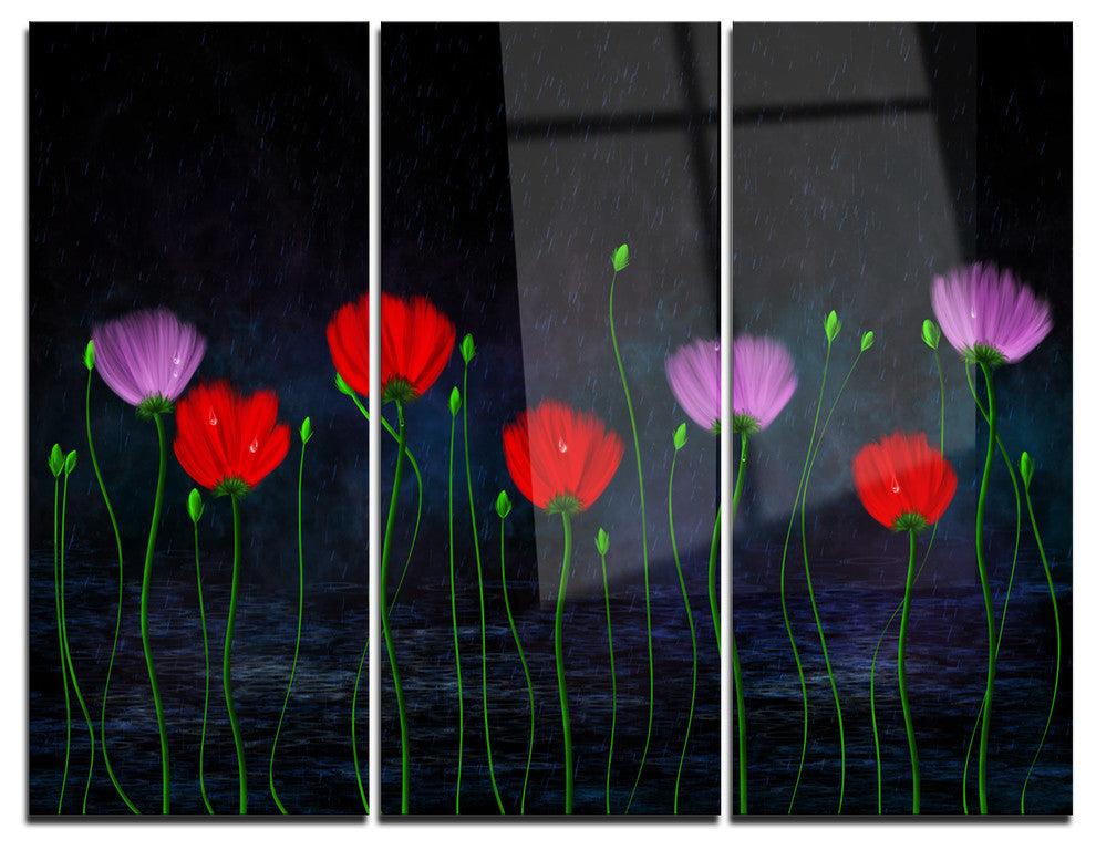 "Rain and Flowers With Buds and Drops" Metal Wall Art, 3 Panels, 36"x28"