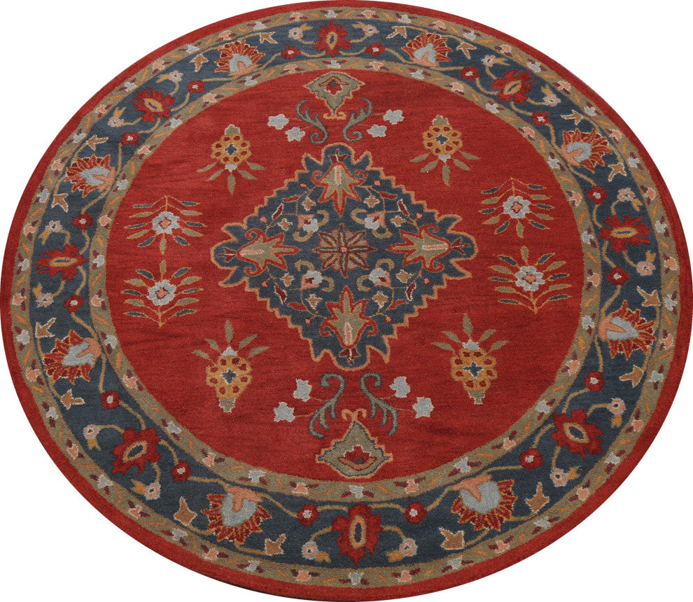 Red Traditional Floral Round Oriental Area Rug Hand-tufted Wool Carpet