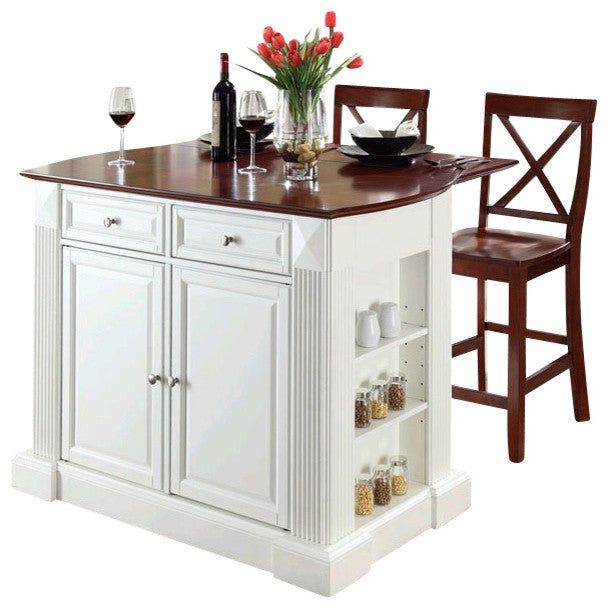 Drop Leaf Breakfast Bar Top Kitchen Island, White, 24" Cherry X-Back Stools