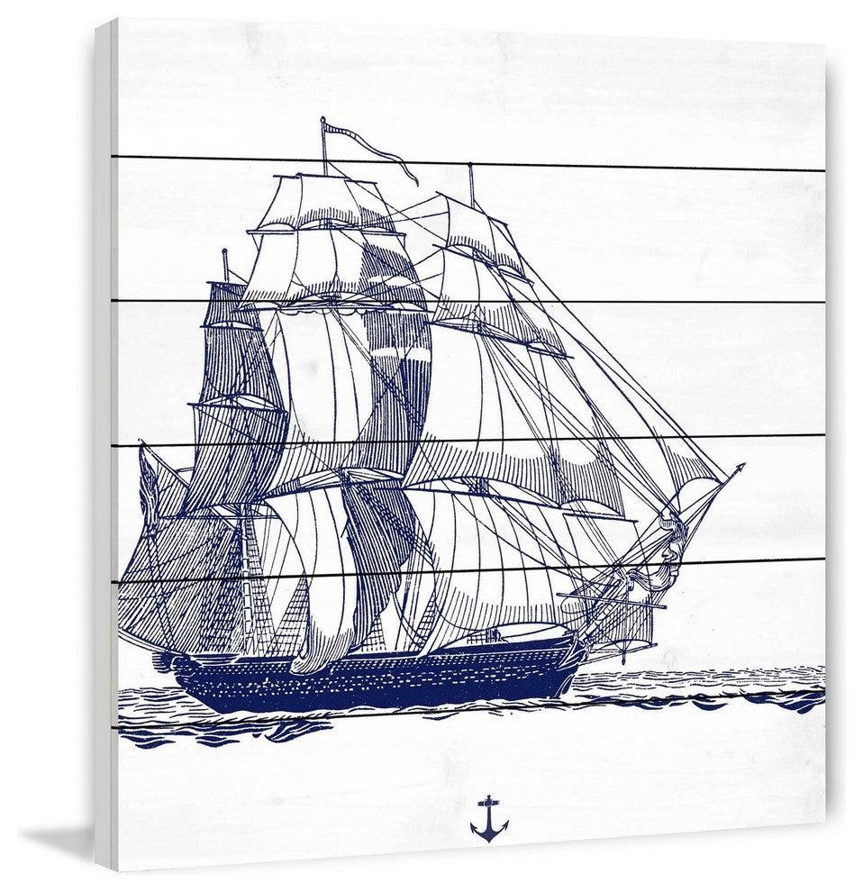 "Blue Ship" Painting Print on White Wood