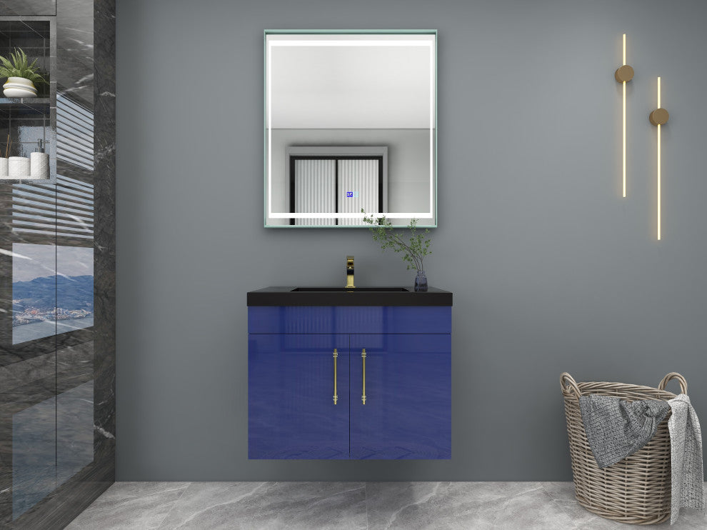 Rosa 30" Wall Mounted Modern Vanity, High Gloss Night Blue, Matt Black Top