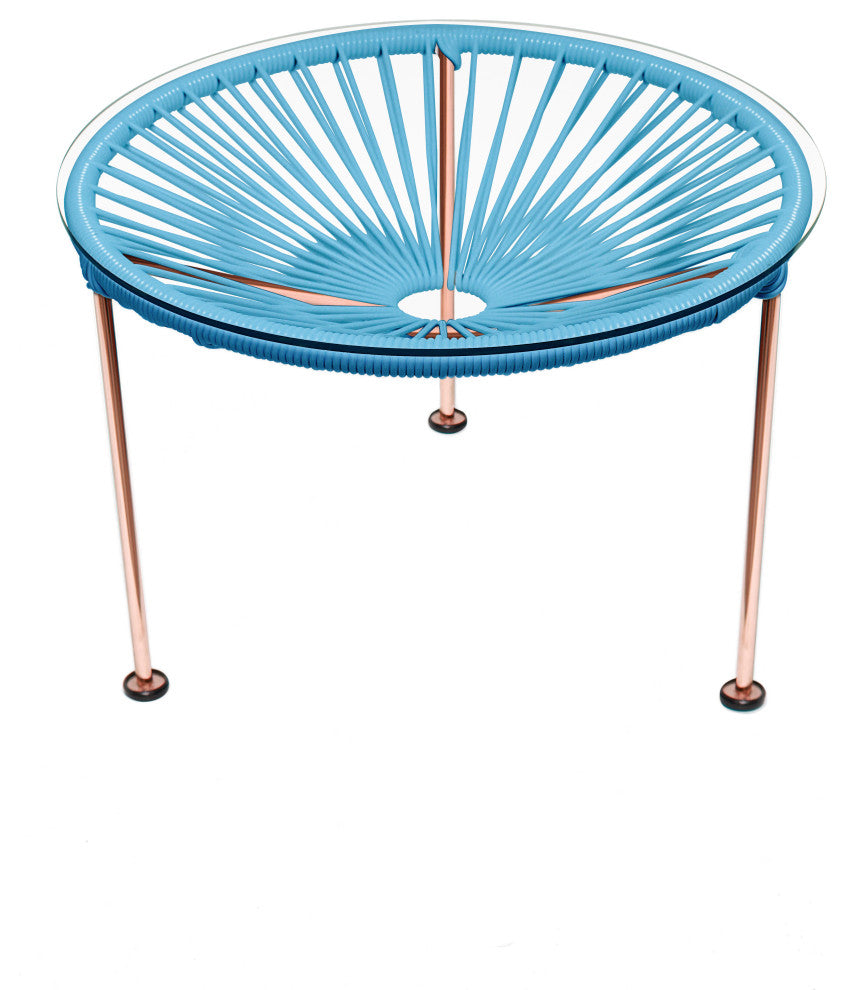 Zicatela Indoor/Outdoor Handmade Side Table, Blue Weave, Copper Frame