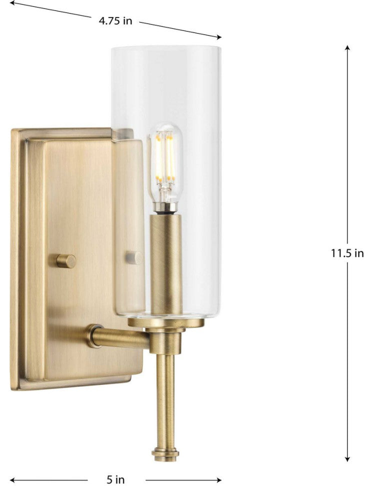 Elara Collection 4-3/4, 1-Light Vintage Brass Clear Glass Bath Vanity Light
