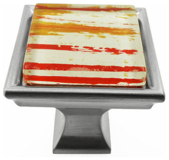 Hand Brush Red Orange Streaks Crystal Glass Brushed Nickel Madison Classic Knob