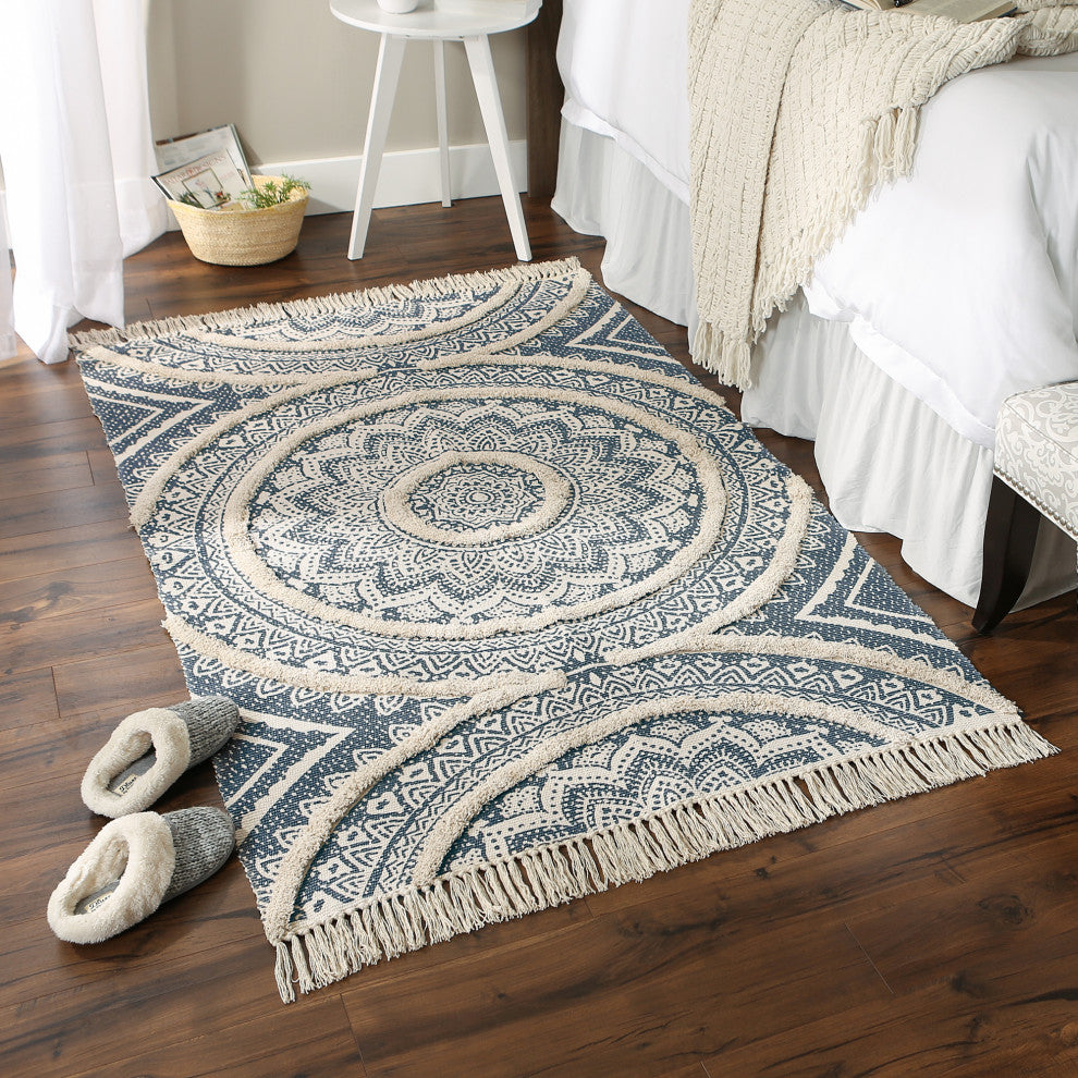 French Blue Printed Natural Hand-Loomed Shag Rug 4x6 ft.