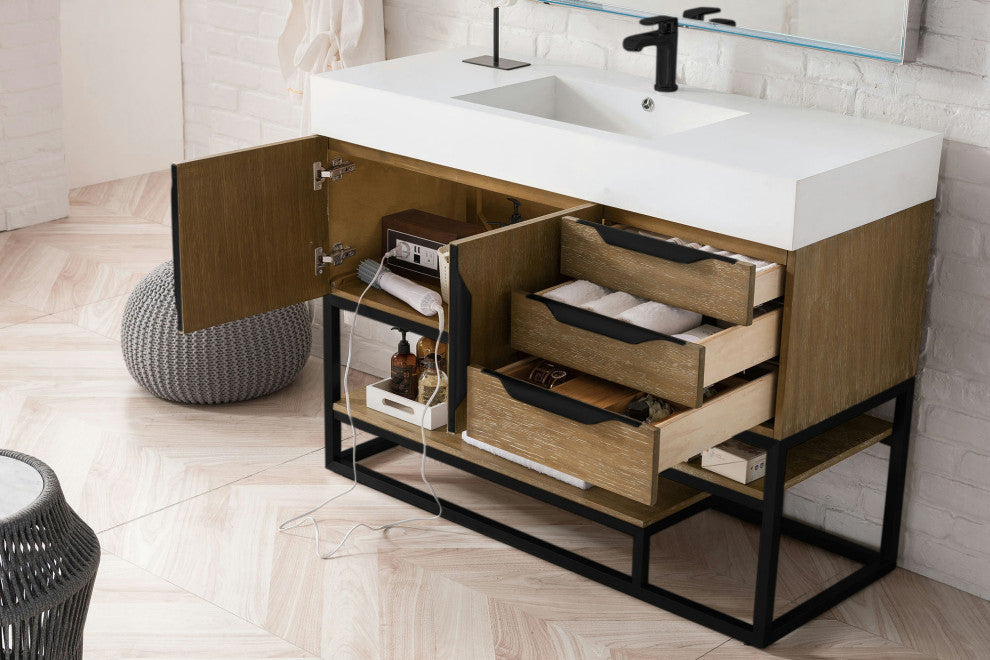 Columbia 48" Single Vanity, Latte Oak, Matte Black, Glossy White Composite Top