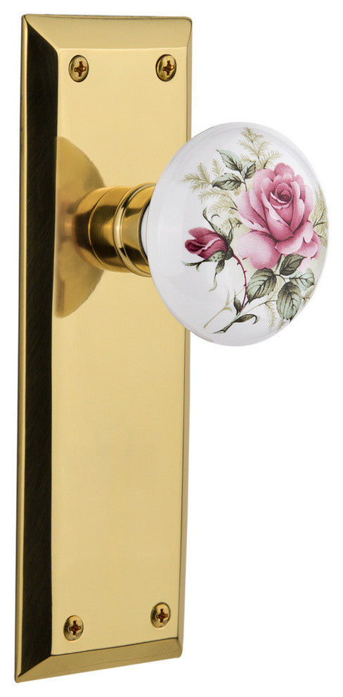 New York Plate Passage White Rose Porcelain Knob, Polished Brass
