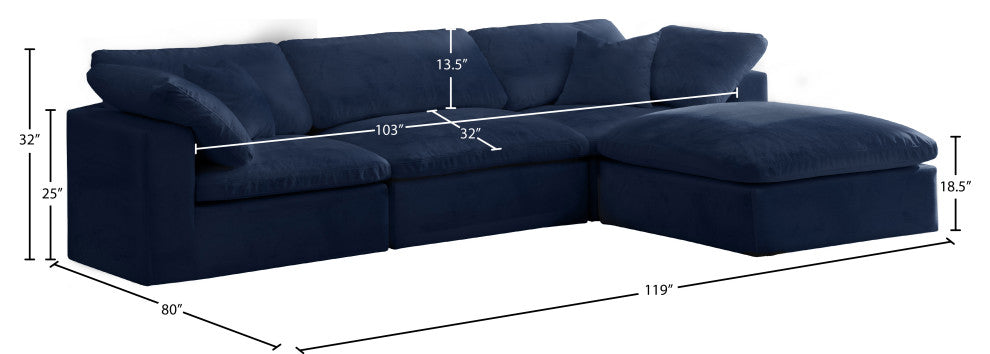 Cozy Velvet Upholstered Comfort L-Shaped Modular Sectional, Navy, 4-Piece: 1 Armless Chair, 2 Corner Chair, 1 Ottoman