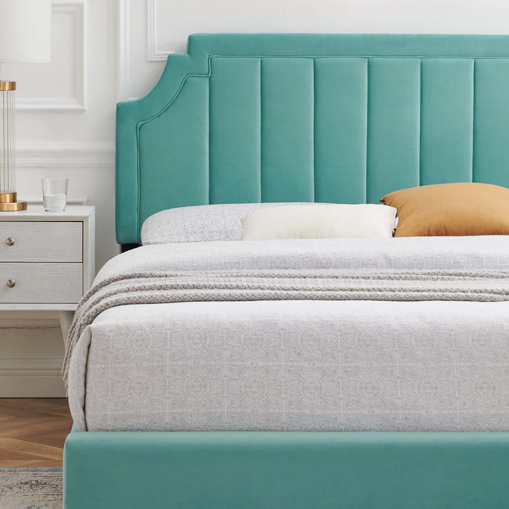 Platform Bed Frame, Queen Size, Velvet, Blue, Modern Contemporary, Bedroom