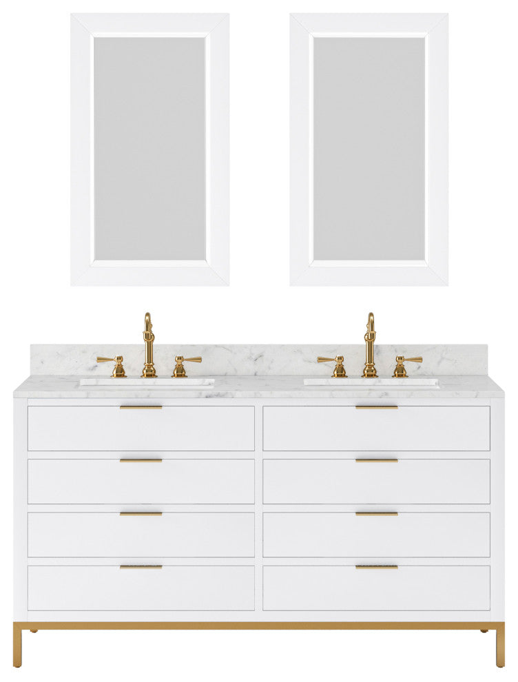Bristol 60" Marble Countertop Vanity, Pure White With Mirrors