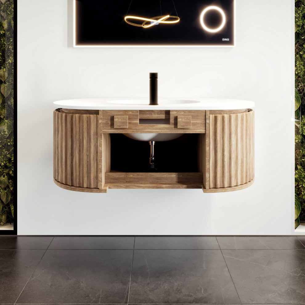 Eviva Haven 39" Medium Oak Wall Mount Vanity, White Solid Surface Integrated Top