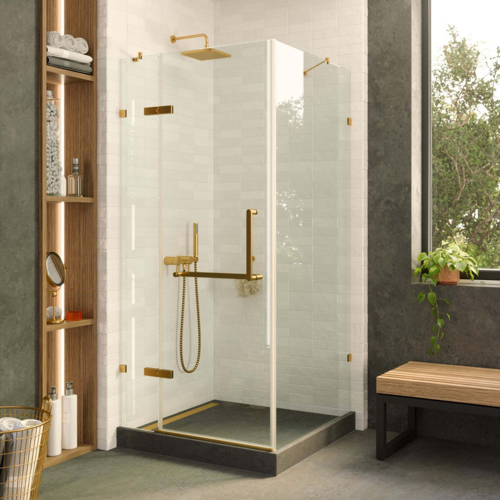 Shower Enclosure Hinged Frameless Tempered Glass, Satin Brass, 32"