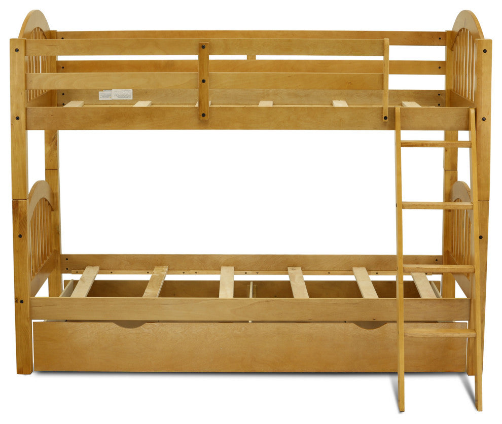 Verona Twin Bunk Bed In Natural Oak Finish With Convertible Trundle & Drawer