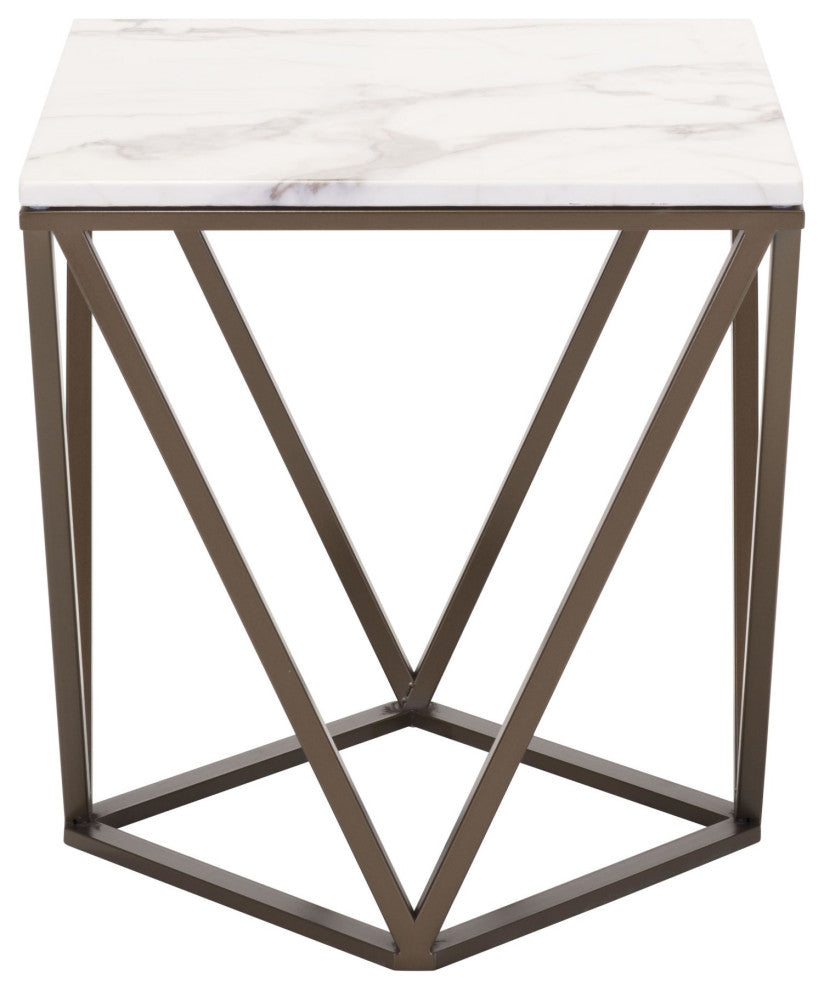Sofa Side Table, Square, Artificial Marble, Sttel Metal, White, Antique Brass