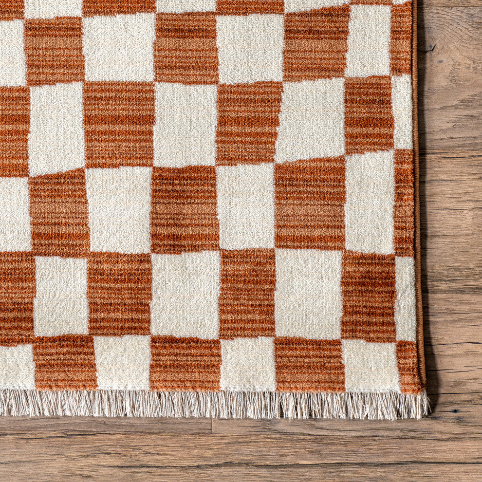 Nuloom Dominique Abstract Checkered Fringe Area Rug, Orange 6'7"x10'2"