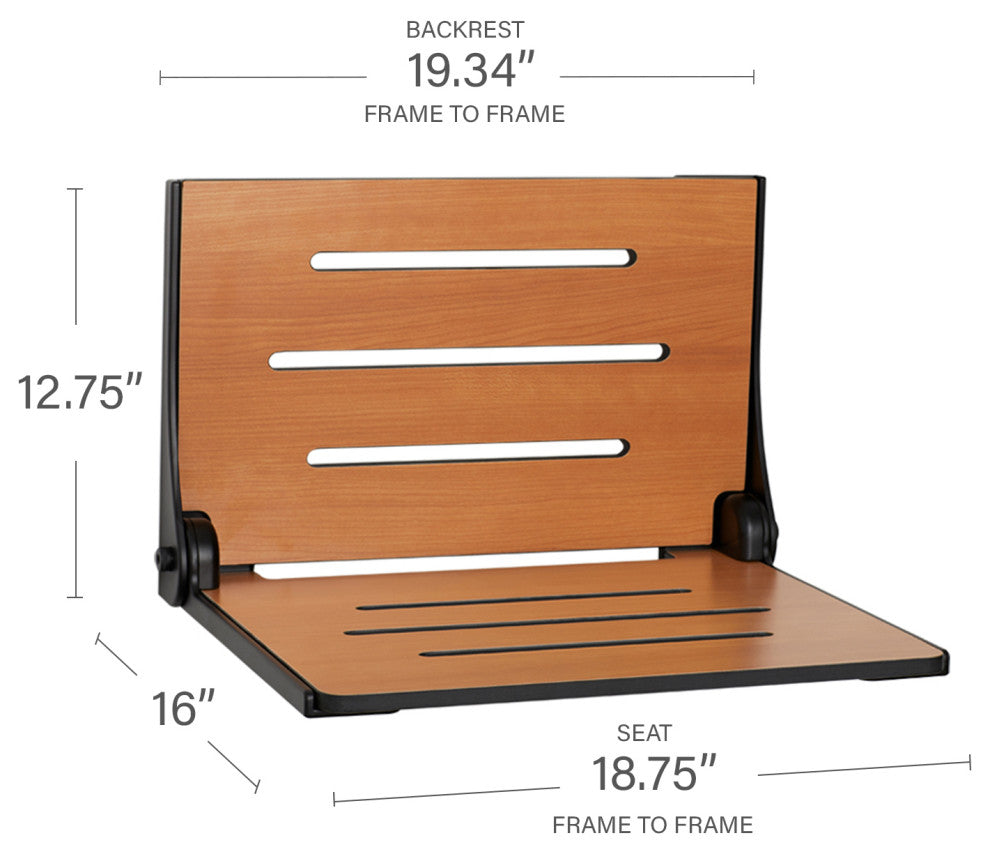 Silhouette Folding Wall Mount Shower Bench Seat, Teak Seat With Matte Black Frame