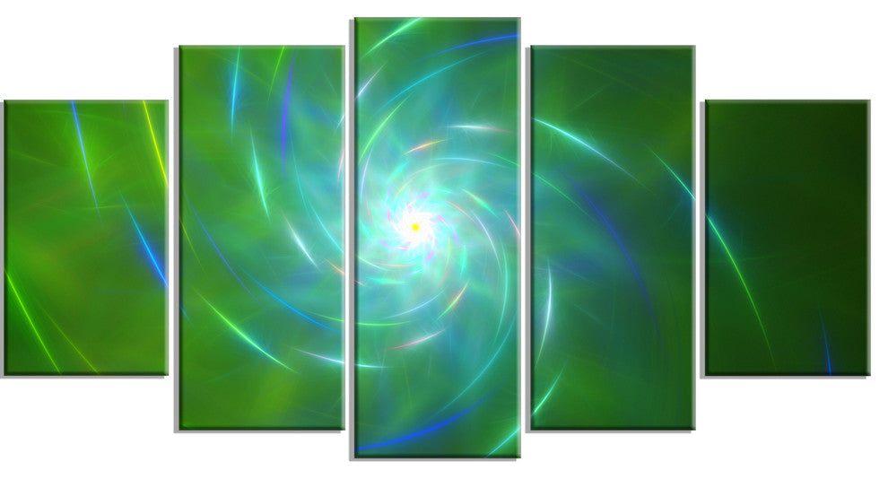 Green Fractal Whirlpool Design, Contemporary Wall Art Canvas, 60"x32", 5 Panels