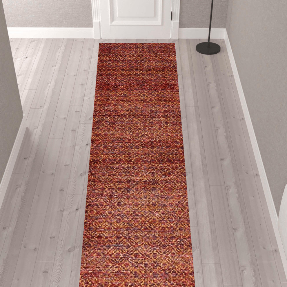 12' Runner Red Gold and Blue Geometric Power Loom Runner Rug