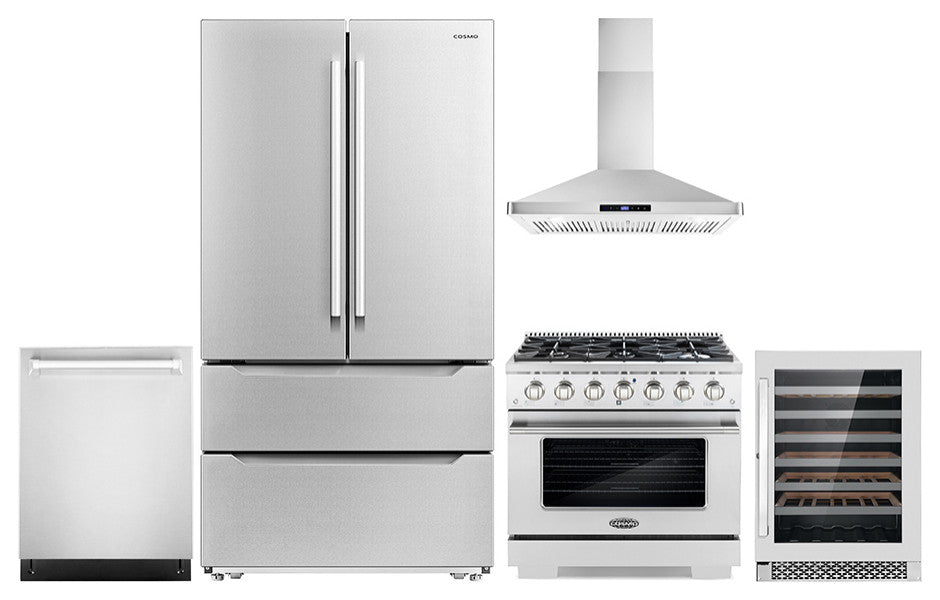 5PC Kitchen Package with 36" Freestanding Gas Range  36" Wall Mount Range Hood