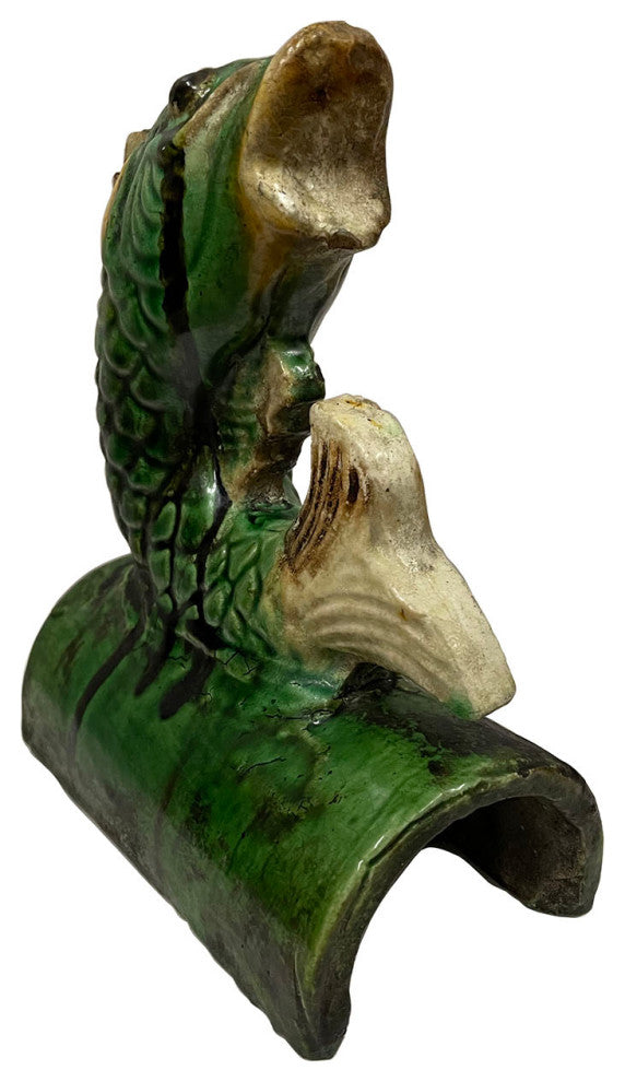 Consigned Early 20th Century Antique Chinese Glazed Ceramic Koi Fish Roof Tile