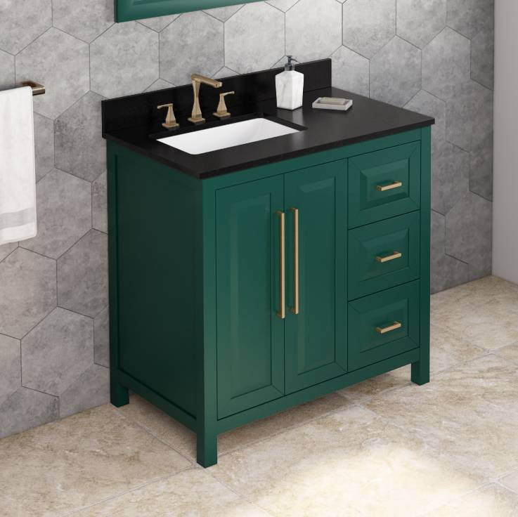 Cade Transitional 36" Forest Green Left Offset Sink Vanity, Black Granite Vanity
