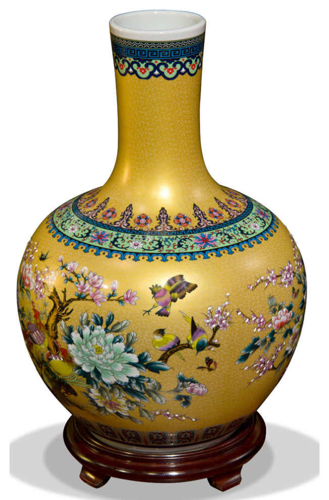 Gold Flower and Birds Chinese Porcelain Temple Vase, With Stand