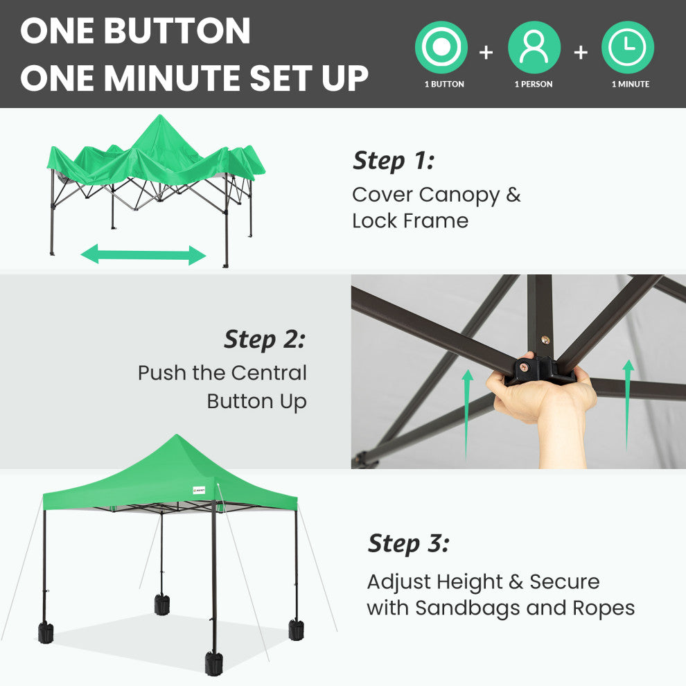 JEAREY Pop Up Canopy Tent, Outdoor Canopy, 4 Sand Bags, Dark Green, 10x10ft